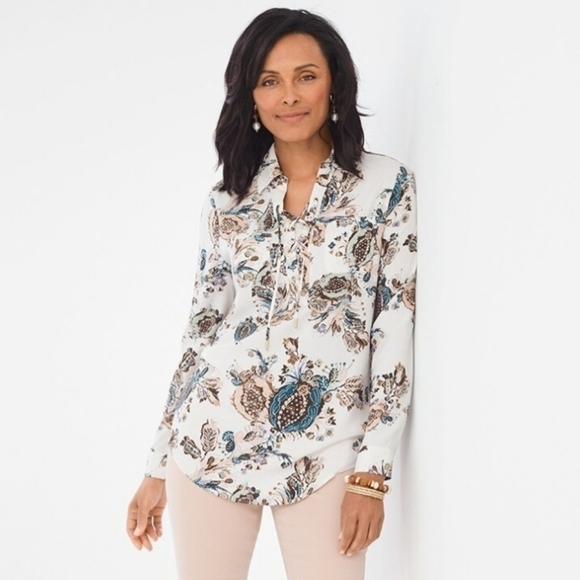 Silky Soft Botanical Lace-Up Tunic Top Floral Lagenlook Coastal Career Medium - Picture 3 of 14